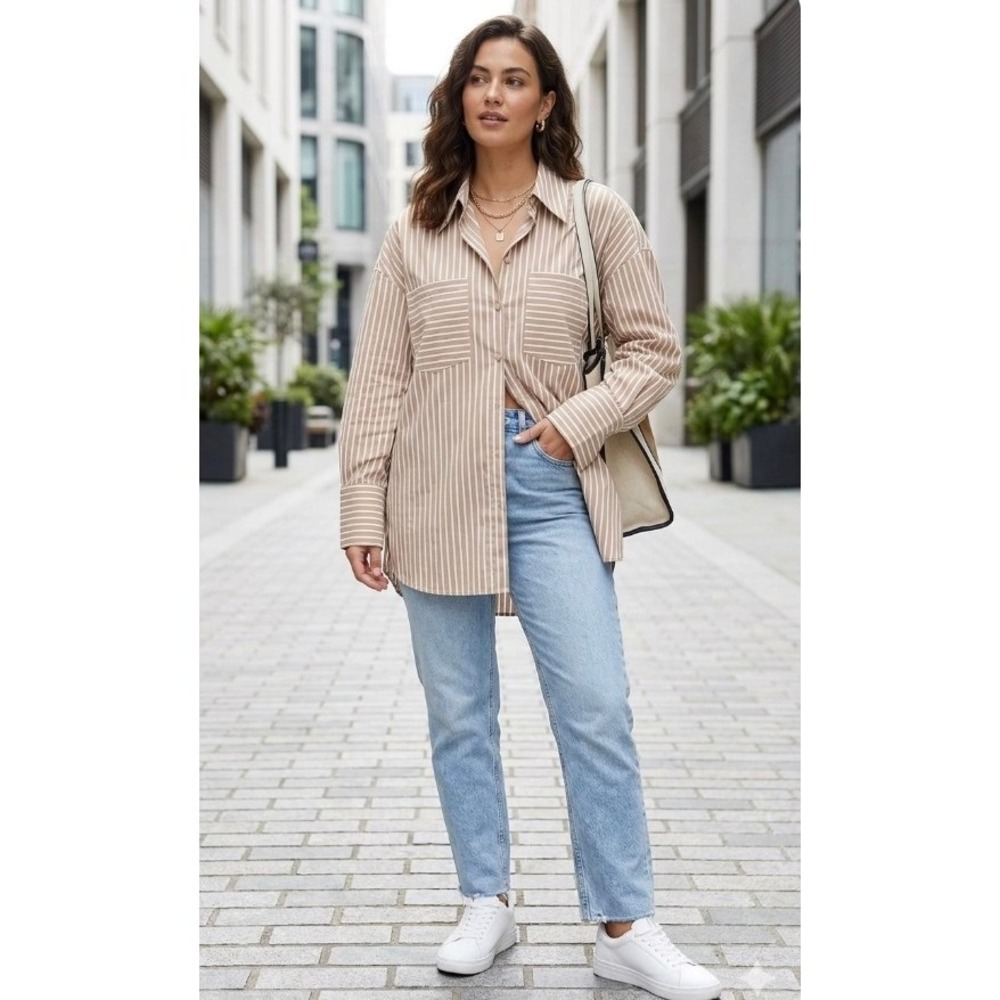 Topshop Tan White Striped Oversized Button Down Shirt US 4 Pockets Long Sleeve
